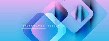 Soyut geometrik şekiller örtüşür, parlak mavi ve pembe renkler yaratır. Modern tasarım elementleri teknoloji ve yenilik öneriyor. Arkaplan özellikleri metin.