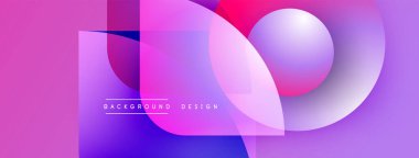 Soyut kompozisyon canlı pembeler, morlar, maviler içerir. Üst üste binen şekiller dinamik görsel efekt yaratır. Modern tasarım elemanları.