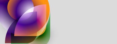 Soyut renkli şekiller örtüşüyor ve canlı bir görsel etki yaratıyor. Yumuşak eğimler mor, turuncu ve yeşil renkleri harmanlıyor. Modern tasarım.