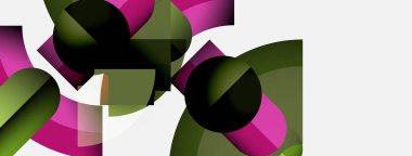 Soyut geometrik şekiller, canlı pembeler, yeşiller, siyahlar. Üst üste binen formlar dinamik bileşim oluşturur. Minimalist tarz, modern tasarım.