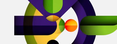 Üst üste binen renkli şekiller içeren soyut bir kompozisyon. Daireler, dikdörtgenler dinamik görsel etkileşim yaratır. Parlak renkler tasarıma hakim..