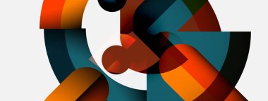 Soyut geometrik bileşim. Şekiller örtüşüyor, dinamik görsel ilgi yaratıyor. Renkler arasında turuncu, deniz mavisi, kahverengi, siyah, beyaz sayılabilir. Modern tasarım.