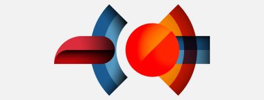 Soyut tasarım kıvrımlı şekiller, canlı renkler içerir. Kırmızı, mavi, turuncu elementler beyaz arkaplanda dinamik bileşim oluşturur.