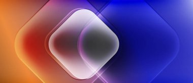 Katmanlı kareler içeren soyut kompozisyon, turuncudan mora dönüşen gradyanlar, mavi renkler. Yumuşak ışıklandırma ışık efekti yaratır.