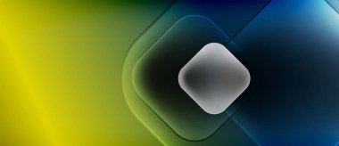 Soyut kompozisyonda parlak sarı ve mavi renkler bulunur. Geometrik şekiller örtüşür derinlik yaratır, ışık efektleri yaratır. Modern tasarım.