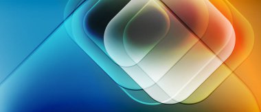 Soyut geometrik şekiller örtüşüyor, canlı renk eğimleri yaratıyor. Turuncuya mavi geçişler, dinamik görsel katmanlar oluşturuyor. Yumuşak eğriler kompozisyona hakim.