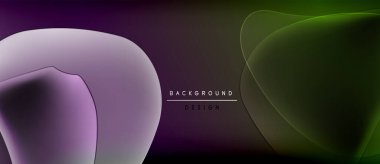 Soyut sıvı şekilleri örtüşür, değişken mor, yeşil renkler yaratır. Karanlık arkaplan dinamik bileşimi vurgular, modern tasarım elementleri.