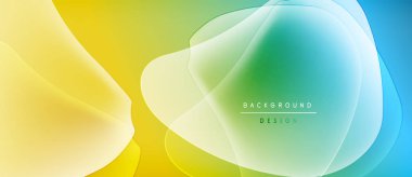 Soyut sıvı şekilleri sarı, yeşil ve mavi renkleri harmanlıyor. Yumuşak gradyanlar dinamik arkaplan tasarımı yaratır. Minimalist metin ince markalaşma ögesi ekler.