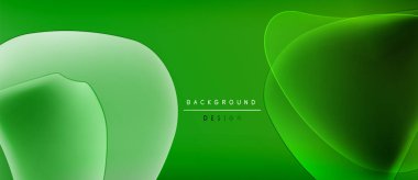 Soyut yeşil arkaplan. Üst üste binen sıvı şekilleri dinamik görsel efekt yaratır. Metin elemanları mevcut olan minimalist tasarım.