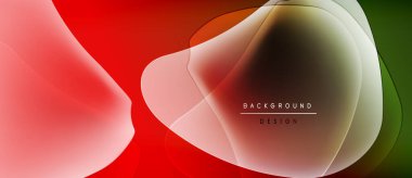 Soyut sıvı şekiller harmanlanarak canlı renk değişimleri yaratır. Kırmızı, turuncu, yeşil renkler tasarımda baskın. Minimalist metin mevcut.