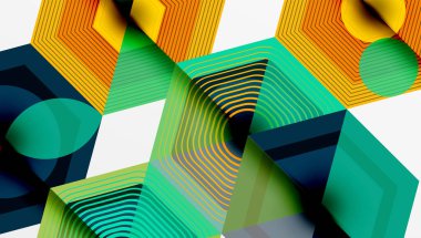 Soyut geometrik bileşim. Altıgenler, çizgiler, daireler canlı görsel doku yaratır. Modern tasarım, kalın renkler resme hakim..