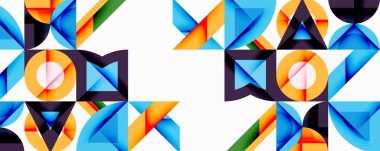 Geometrik desenler beyaz arkaplanda tekrarlanıyor. Şekiller arasında üçgenler, kareler, daireler, canlı renkler baskın bileşim.