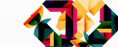 Soyut geometrik şekiller örtüşür, canlı renk blokları oluşturur. Tasarım keskin açılar, eğimler, modern estetik.