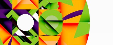 Soyut geometrik bileşim. Canlı renkler kesişiyor, dinamik şekiller yaratıyor. Beyaz daire cesur tasarım elementlerine zıt düşer.