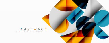 Geometrik şekiller örtüşür, dinamik bileşim yaratır. Turuncu, mavi, beyaz baskın tasarım. Modern estetik, temiz çizgiler sunar.