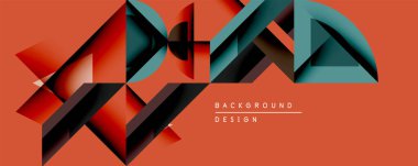 Soyut geometrik tasarım katmanlı şekiller, canlı renkler içerir. Turuncu arkaplan, modern görsel doku yaratan mavi, siyah ve kırmızı elementlerle çelişiyor. Minimalist stil.