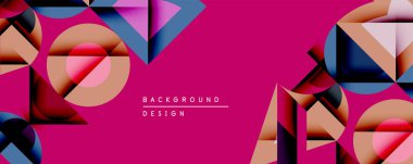 Soyut geometrik bileşim. Üst üste binen şekiller dinamik görsel efekt yaratır. Canlı pembe arka plana karşı sıcak ve serin renkler. Modern tasarım ögesi.