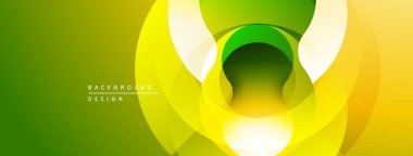 Soyut tasarım katmanlı daireler, gradyanlar içerir. Sarılar, yeşiller canlı, modern görsel efektler yaratır. Yumuşak geçişler kompozisyona hakim..
