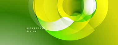 Soyut tasarım özellikleri üst üste binen şeffaf daireler. Yeşil, sarı renkler dinamik görsel efekt yaratır. Modern arkaplan ögesi.