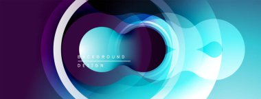 Soyut çemberler, katmanlar dinamik görsel efektler yaratır. Mavi, mor renkler kompozisyona hakim. Modern tasarım ögesi.