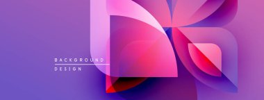 Soyut geometrik şekiller örtüşüyor, canlı mor ve pembe renkler yaratıyor. Modern tasarım teknoloji, yenilik, akıcılık öneriyor..