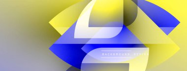 Soyut geometrik tasarım. Sarı, mavi, beyaz şekiller, dinamik görsel efekt oluşturur. Gradyan arkaplan derinlik ekler.