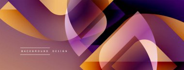 Soyut geometrik şekiller örtüşüyor, canlı mor, turuncu renkler yaratıyor. Modern tasarım akıcılığı ve dinamizmi akla getiriyor. Arkaplanda metin ögeleri.