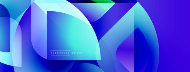 Soyut geometrik şekiller örtüşüyor, canlı mavi gradyanlar yaratıyor. Modern tasarım dijital sanat, teknoloji ve yenilik öneriyor. Yumuşak geçişler görsel cazibe sunar.