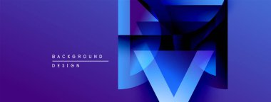 Soyut geometrik tasarım. Mavi gradyanlar katmanlı şekiller oluşturarak dinamik görsel doku oluştururlar. Modern estetik, uygun arkaplan ögesi.