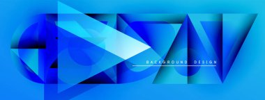 Soyut geometrik şekiller, canlı mavi renkler, modern tasarım. Gradyan etkisi derinlik yaratır, dinamik bileşim. Metin arkaplan tasarımı okur.
