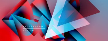 Soyut geometrik şekiller, canlı renklerin karışımı. Kırmızı, mavi gradyanlar dinamik arkaplan tasarımı yaratır. Modern, şık görsel kompozisyon.