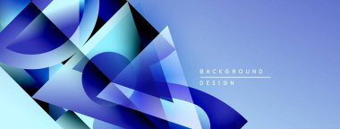 Soyut geometrik şekiller çakışıyor, dinamik mavi gradyanlar yaratıyor. Modern tasarım teknoloji, yenilik, gelecek kavramları öneriyor.