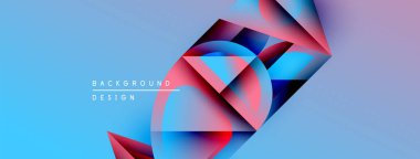 Soyut geometrik şekiller örtüşüyor, canlı mavi ve kırmızı renkler yaratıyor. Arkaplanda metin arkaplan tasarımı var. Modern, dinamik görsel kompozisyon.