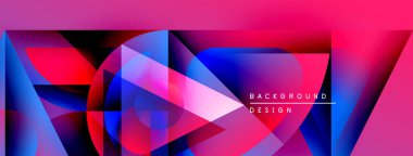 Soyut geometrik şekiller canlı pembeler, maviler, kırmızılar harmanlarlar. Modern tasarım, katmanlı üçgenler, gradyanlar, metin örtüsü.