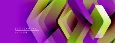 Soyut geometrik arkaplan. Canlı mor, yeşil renkler katmanlı elmas şekilleri yaratır. Dijital projeler için modern tasarım ögesi.