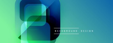 Soyut geometrik şekiller örtüşür, canlı bir değişim etkisi yaratır. Modern tasarım elementleri teknoloji ve yenilik öneriyor. Arkaplan rengi yeşil, gök mavisi.