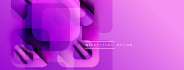 Soyut geometrik şekiller örtüşüyor, canlı mor gradyanlar yaratıyor. Modern tasarım elementleri teknoloji, yenilik, akıcılık öneriyor.