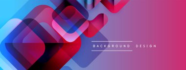 Soyut geometrik şekiller çakışıyor. Canlı mavi, kırmızı, mor gradyanlar modern tasarım yaratır. Metin arkaplan tasarımı okur.