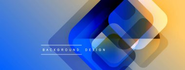 Soyut geometrik şekiller örtüşüyor, parlak mavi, turuncu bir eğim yaratıyor. Minimalist tasarım metin arkaplanı, tasarım içerir. Modern estetik.