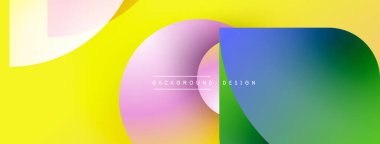 Soyut renkli şekiller sarı arkaplan ile örtüşüyor. Gradyan renkler modern görsel efekt yaratır. Minimalist tasarım, pürüzsüz geçişler mevcut.