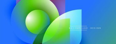 Soyut canlı tasarım, üst üste binen şekiller. Mavi, yeşil renkler kompozisyona hakim. Modern estetik, temiz çizgiler dinamik görsel deneyim sunar.