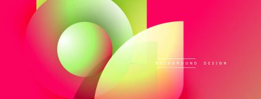 Soyut canlı tasarım, üst üste binen daireler, gradyanlar. Pembe, yeşil, sarı renkler dinamik görsel efekt yaratır. Modern estetik.