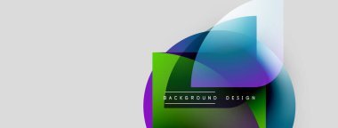 Soyut geometrik şekiller çakışıyor. Yeşil kare, mavi daire, mor katmanlar modern tasarım yaratır. Metin arkaplan tasarımı okur.