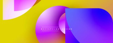 Soyut enerjik tasarım. Üst üste binen şekiller dinamik bileşim yaratır. Sarı, mor, mavi renkler görsel alana hakim. Modern estetik.