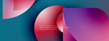 Soyut geometrik şekiller örtüşür, canlı gradyanlar yaratır. Teal, pembe, mor renkler tasarımda baskın. Metin arkaplan tasarımı okur.
