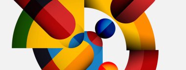 Üst üste binen renkli şekiller içeren soyut bir kompozisyon. Çemberler, dikdörtgenler harmanlanarak dinamik görsel efekt yaratır. Parlak renkler beyaz arkaplana hakim.