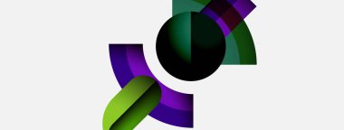 Soyut şekiller örtüşür, dinamik bileşim yaratır. Yeşil, mor, siyah renkler beyaz arkaplana hakim. Modern tasarım elemanları.