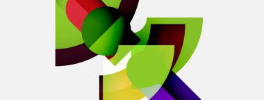 Soyut şekiller örtüşür, canlı renk karışımları yaratır. Yeşil, kırmızı, mor baskın kompozisyon. Modern tasarım, basit geometri.