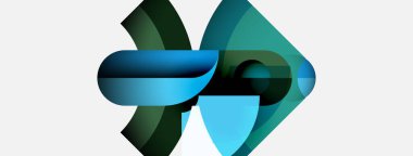 Soyut grafik tasarımı üst üste binen şekiller, mavi ve yeşil tonlarında. Modern estetik, temiz çizgiler, dinamik kompozisyon.