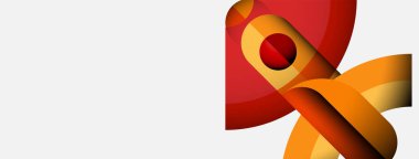 Soyut tasarım dalgalı kurdeleler, sıcak renkler, kırmızı küre içerir. Modern grafik ögesi hareket, enerji ve bağlantı öneriyor.